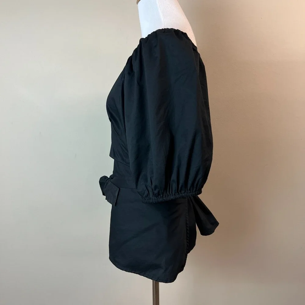 Old Navy Wrap Top Womens XL Black Puff Sleeve Smocked V-Neck Blouse Feminine New